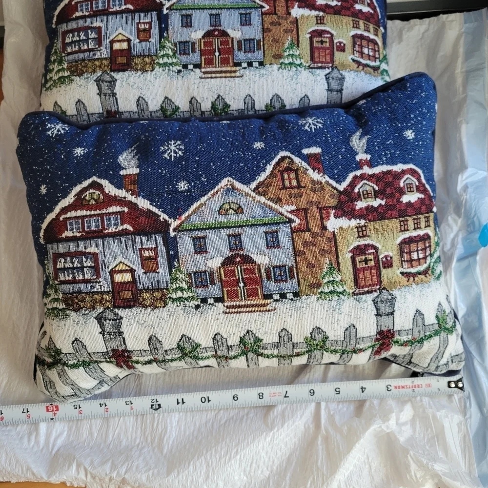 Two Christmas-Themed Tapestry Pillows Snowy Landscape Rectangle Blue Houses VTG